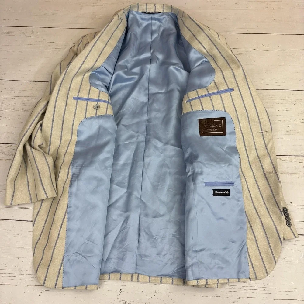 Patrick James Reserve Blazer Sport Coat Mens 44 Beige Stripe Wool Silk Linen